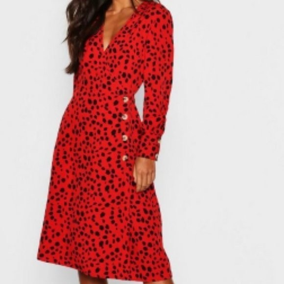 Petite Red Dalmatian Print Button Midi Dress - Picture 2 of 6